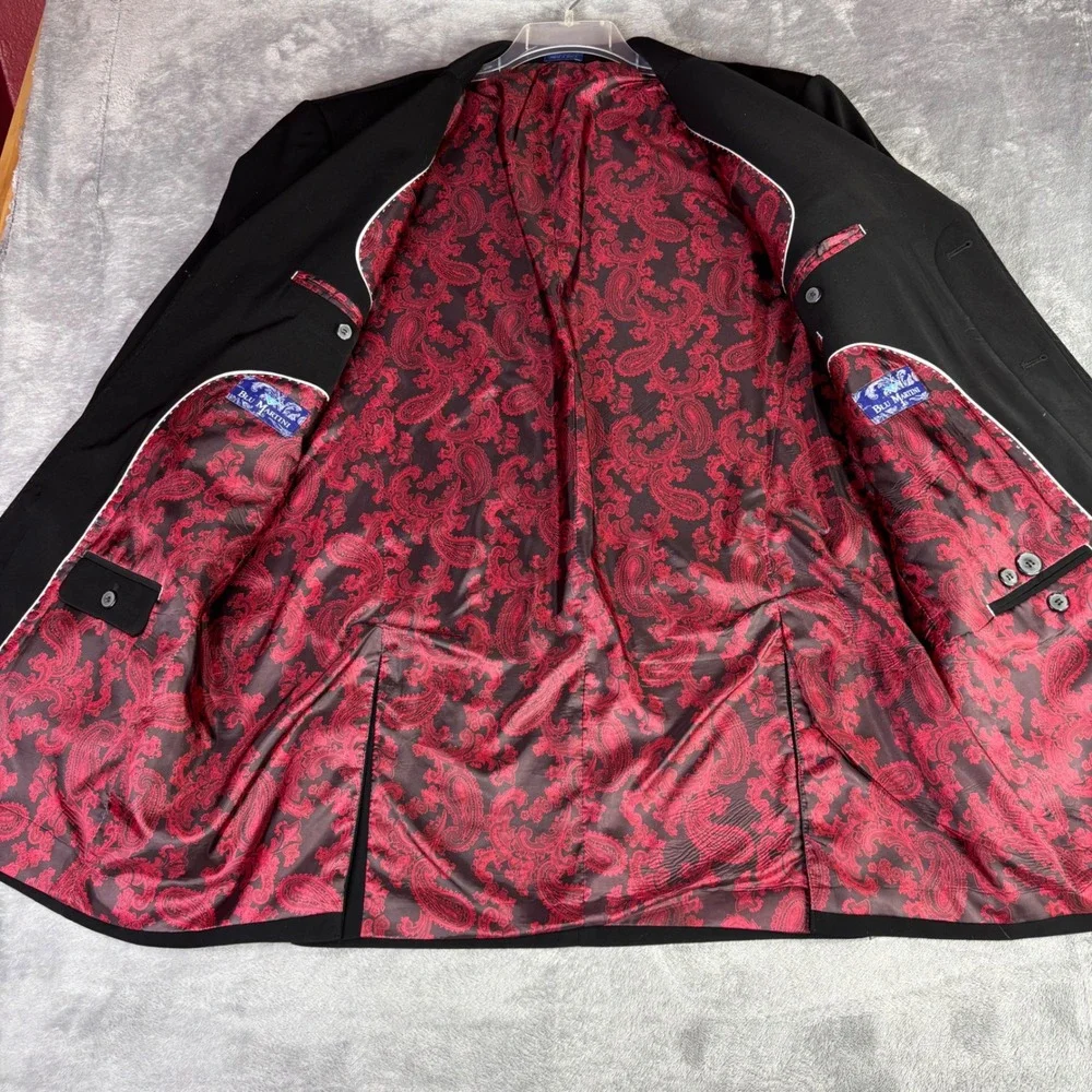 Blu Martini Blazer Mens 46 Black Red Paisley Lining Zipper Pockets Fashion Coat
